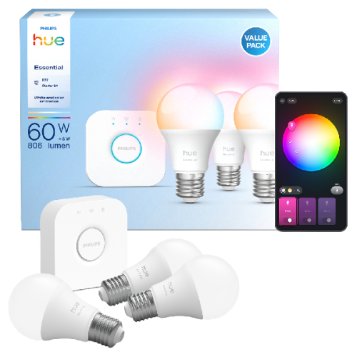PHILIPS HUE Starterkit, wit en gekleurd licht, 1 Bridge, 3 lampen A60