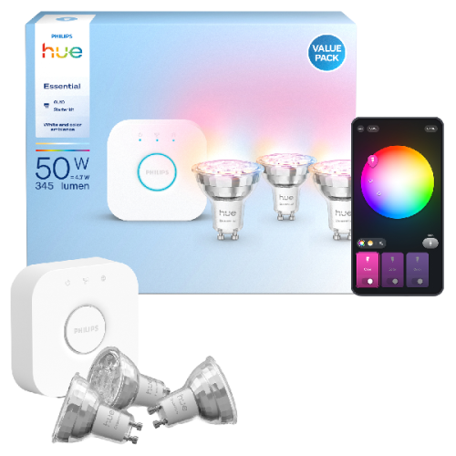 PHILIPS HUE Starterkit, wit en gekleurd licht, 1 Bridge, 3 GU10-spots