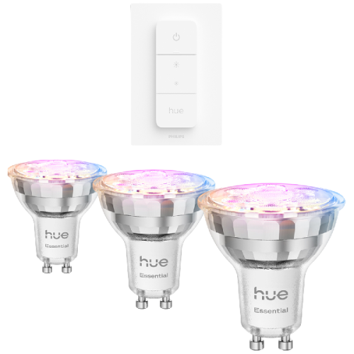 PHILIPS HUE Bundle Essential Slimme LED GU10 Spotlight Wit en gekleurd licht - 3-stuks + Dimmer switch draadloze schakelaar